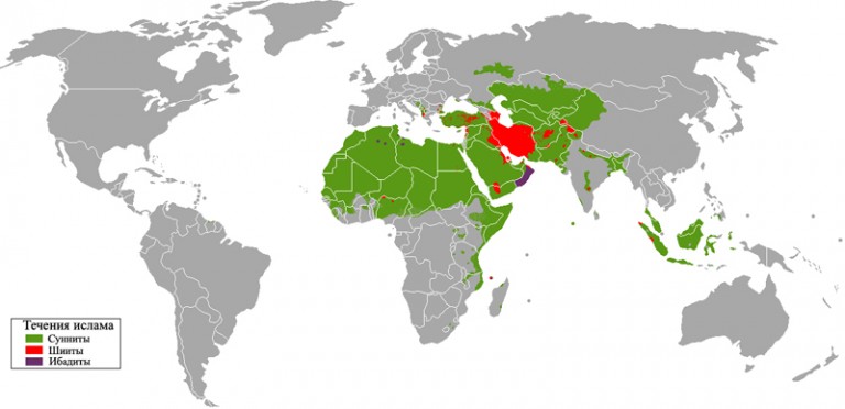 Карта шииты и сунниты расселения в мире