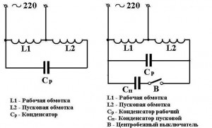 Схема с рабочим и пусковоым конденсаторами